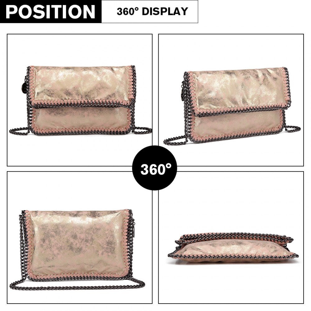 E6843 - MISS LULU LEATHER LOOK FOLDED METAL CHAIN CLUTCH SHOULDER BAG - PINK - The Baggage Shop