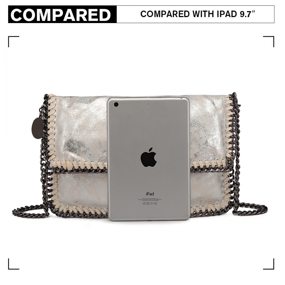 E6843 - MISS LULU LEATHER LOOK FOLDED METAL CHAIN CLUTCH SHOULDER BAG - SILVER - The Baggage Shop