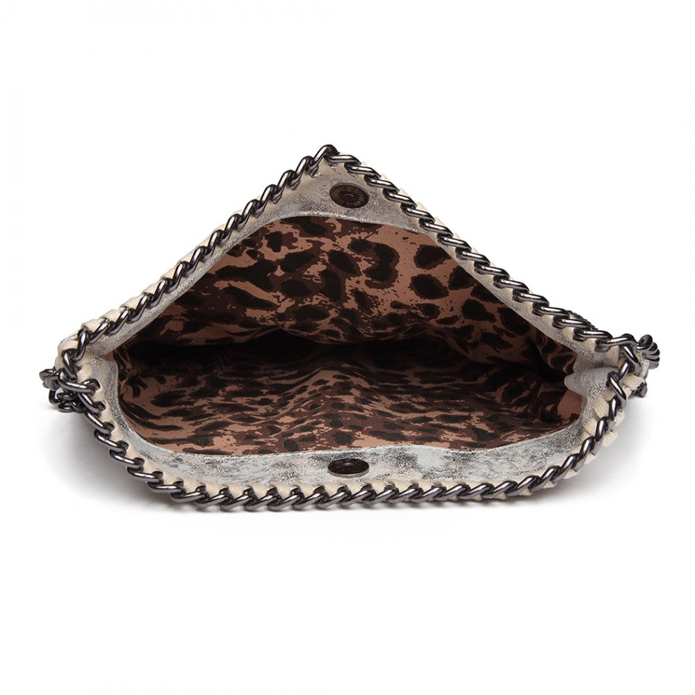 E6843 - MISS LULU LEATHER LOOK FOLDED METAL CHAIN CLUTCH SHOULDER BAG - SILVER - The Baggage Shop