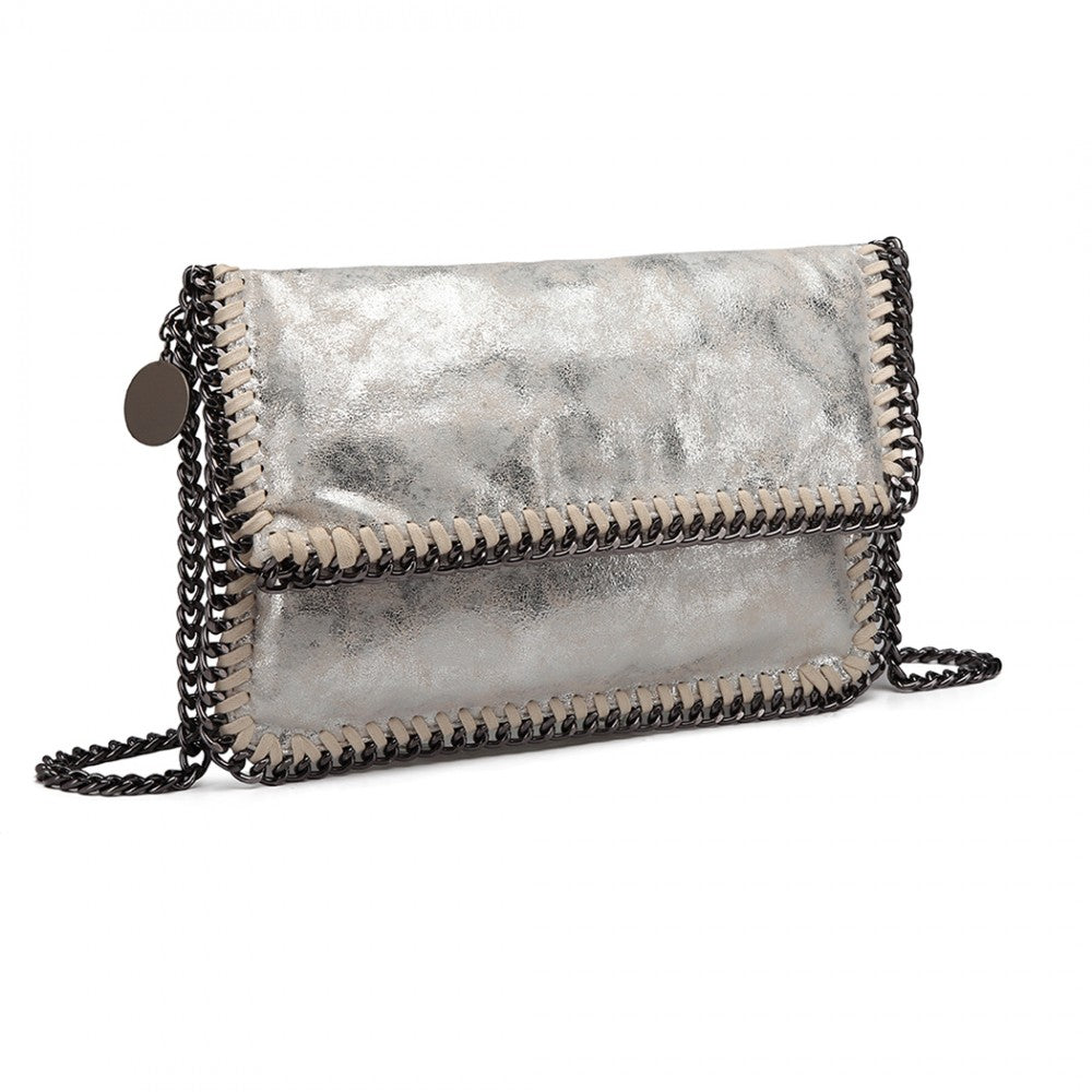 E6843 - MISS LULU LEATHER LOOK FOLDED METAL CHAIN CLUTCH SHOULDER BAG - SILVER - The Baggage Shop