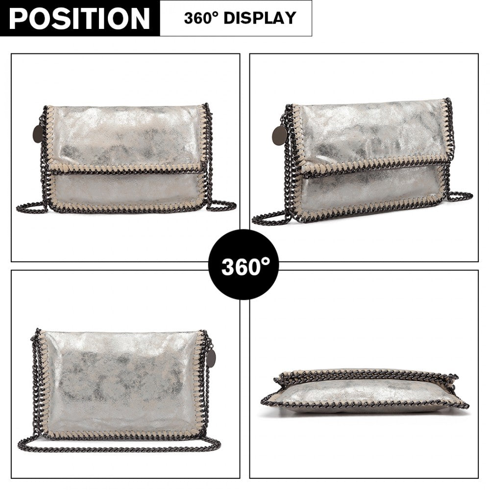 E6843 - MISS LULU LEATHER LOOK FOLDED METAL CHAIN CLUTCH SHOULDER BAG - SILVER - The Baggage Shop