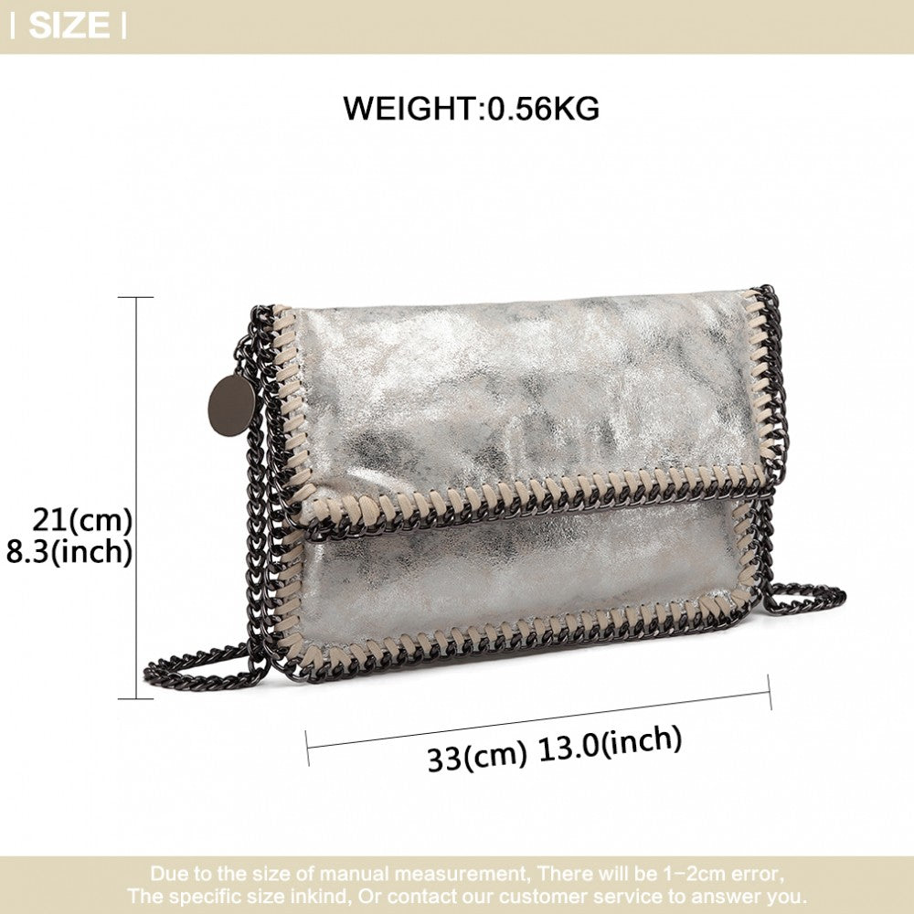 E6843 - MISS LULU LEATHER LOOK FOLDED METAL CHAIN CLUTCH SHOULDER BAG - SILVER - The Baggage Shop