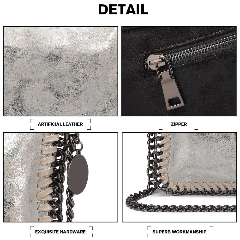 E6843 - MISS LULU LEATHER LOOK FOLDED METAL CHAIN CLUTCH SHOULDER BAG - SILVER - The Baggage Shop