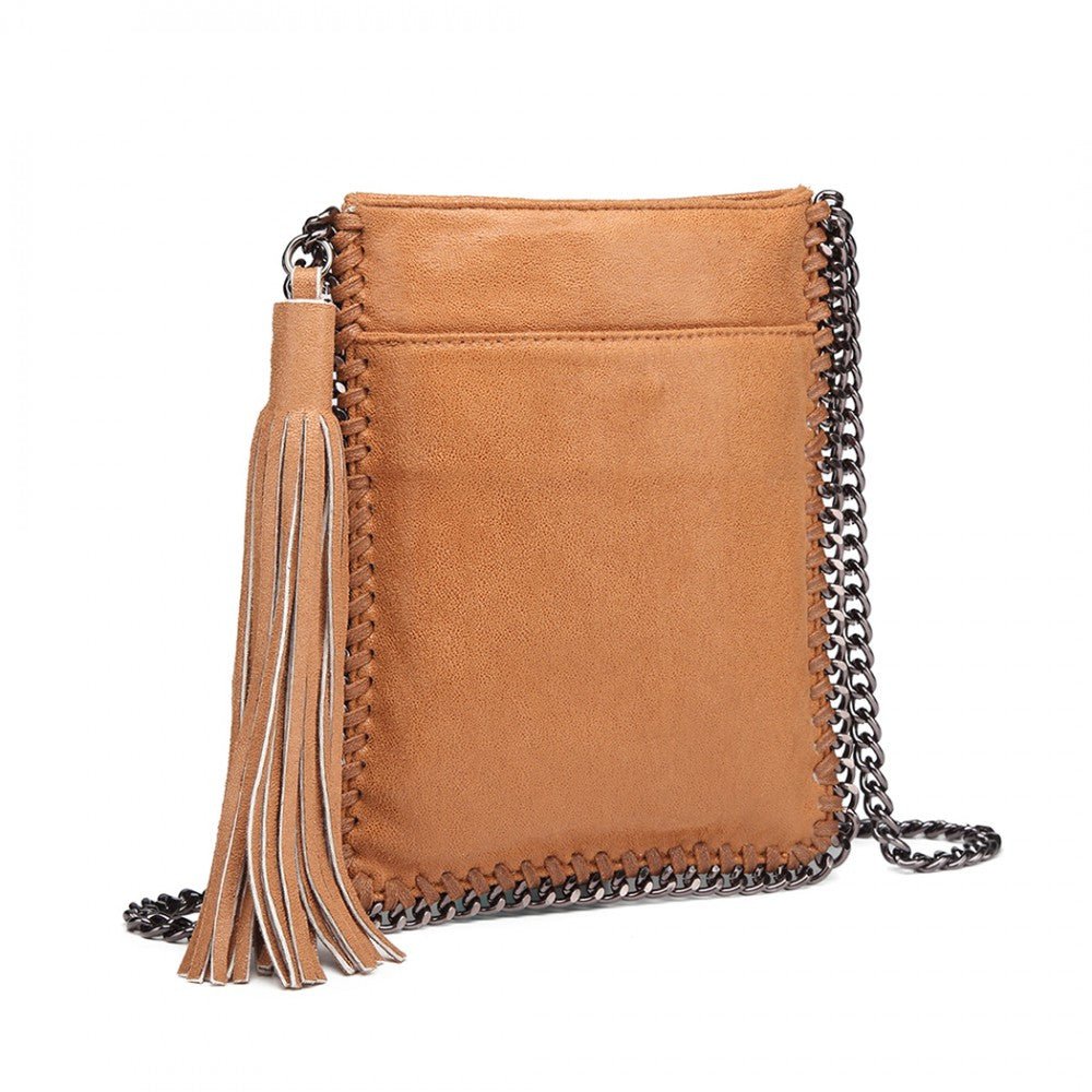 E6845 - MISS LULU LEATHER LOOK CHAIN SHOULDER BAG WITH TASSEL PENDANT - BROWN - The Baggage Shop
