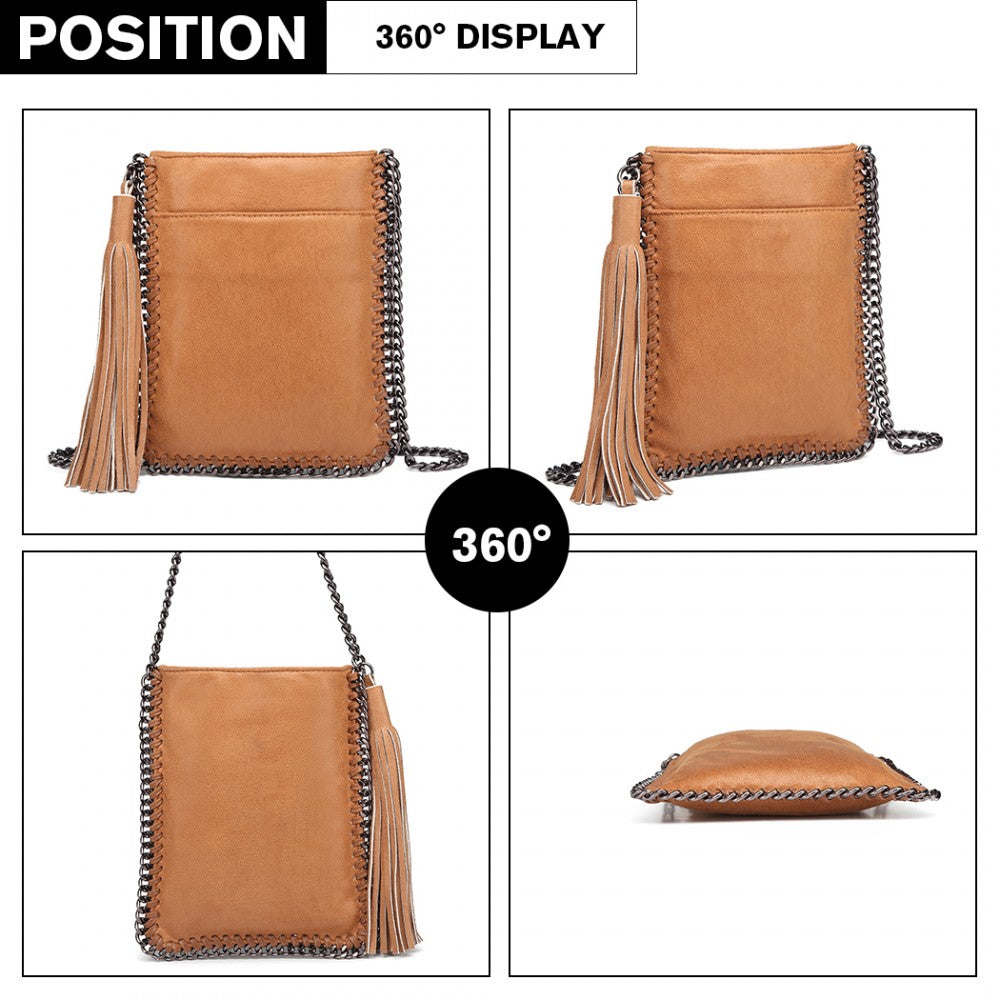 E6845 - MISS LULU LEATHER LOOK CHAIN SHOULDER BAG WITH TASSEL PENDANT - BROWN - The Baggage Shop
