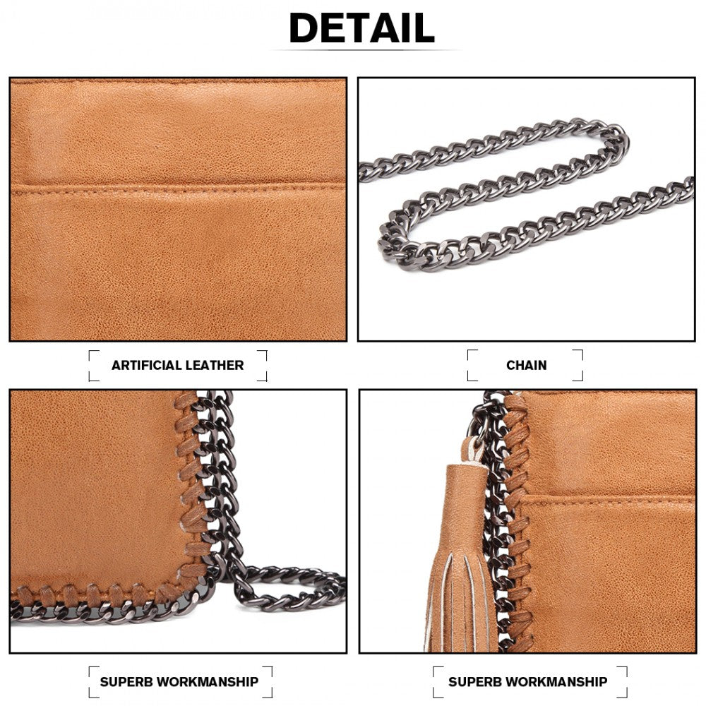 E6845 - MISS LULU LEATHER LOOK CHAIN SHOULDER BAG WITH TASSEL PENDANT - BROWN - The Baggage Shop