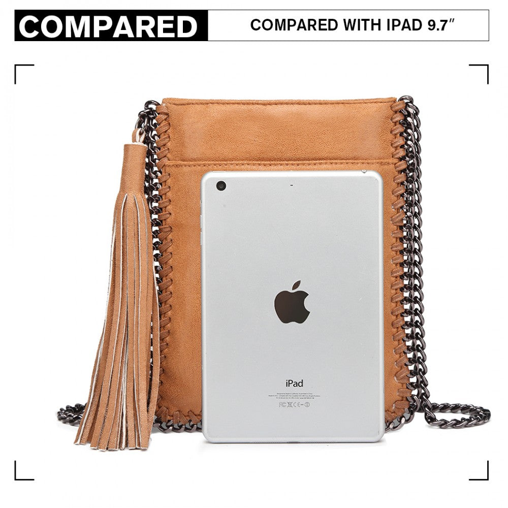 E6845 - MISS LULU LEATHER LOOK CHAIN SHOULDER BAG WITH TASSEL PENDANT - BROWN - The Baggage Shop