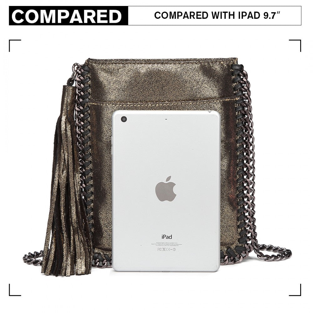E6845 - MISS LULU LEATHER LOOK CHAIN SHOULDER BAG WITH TASSEL PENDANT - GOLD - The Baggage Shop