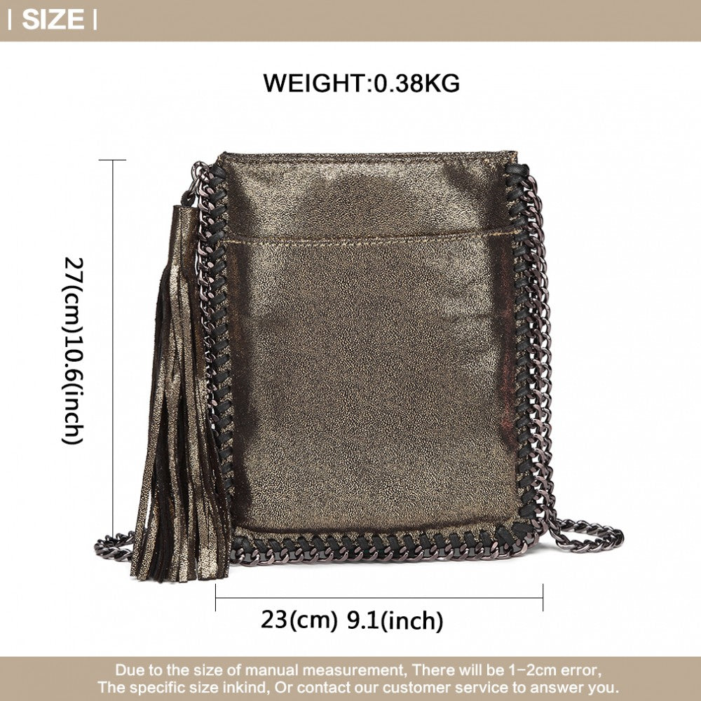E6845 - MISS LULU LEATHER LOOK CHAIN SHOULDER BAG WITH TASSEL PENDANT - GOLD - The Baggage Shop