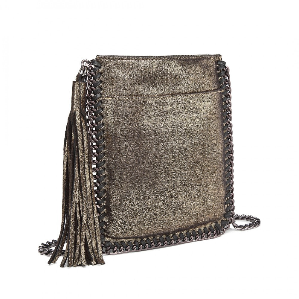 E6845 - MISS LULU LEATHER LOOK CHAIN SHOULDER BAG WITH TASSEL PENDANT - GOLD - The Baggage Shop