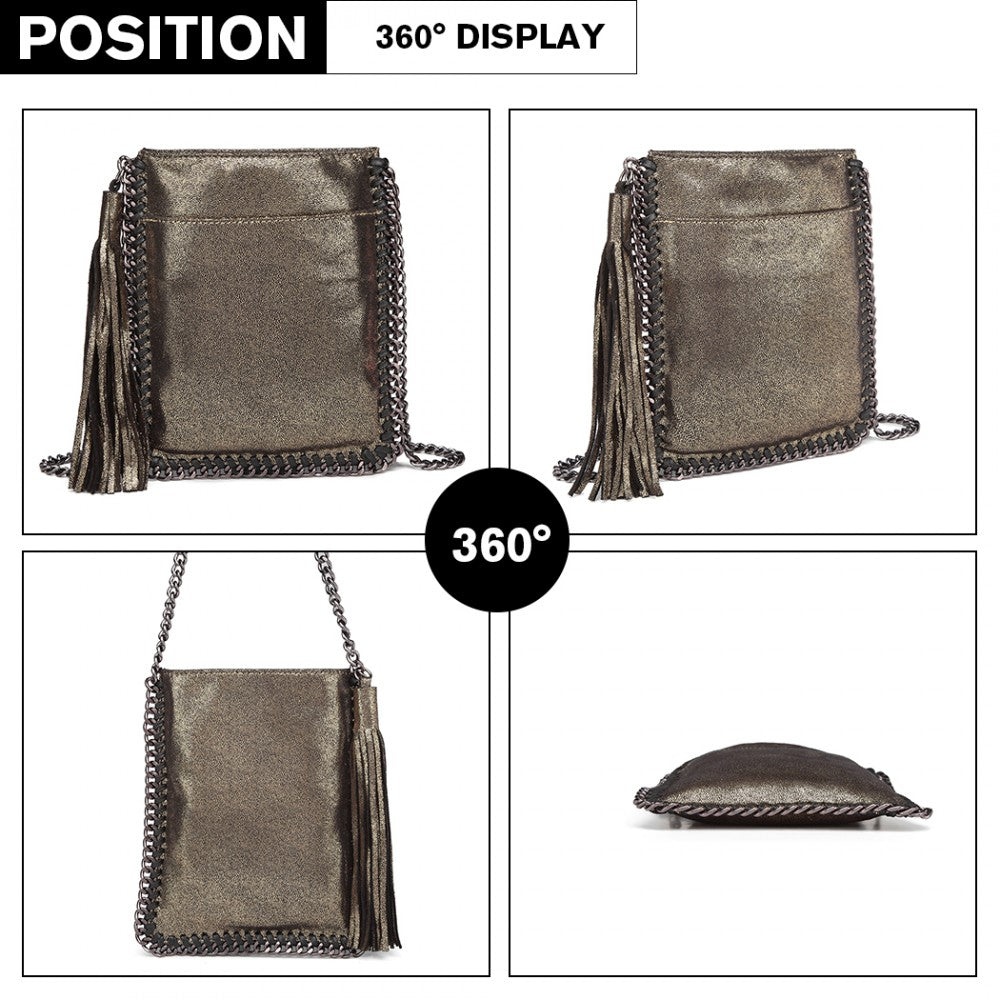 E6845 - MISS LULU LEATHER LOOK CHAIN SHOULDER BAG WITH TASSEL PENDANT - GOLD - The Baggage Shop