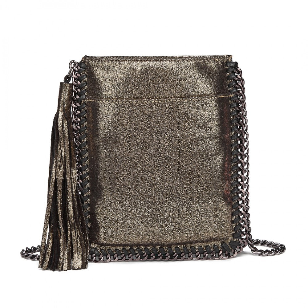 E6845 - MISS LULU LEATHER LOOK CHAIN SHOULDER BAG WITH TASSEL PENDANT - GOLD - The Baggage Shop