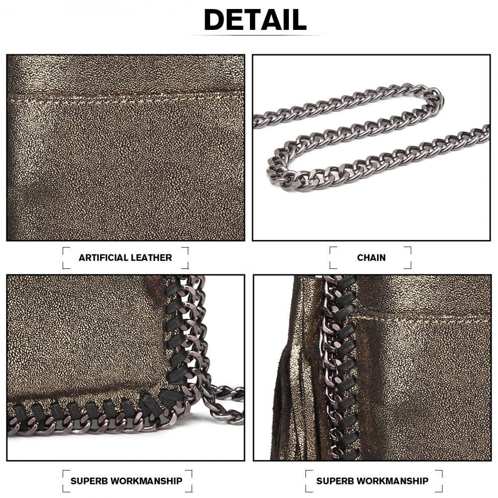 E6845 - MISS LULU LEATHER LOOK CHAIN SHOULDER BAG WITH TASSEL PENDANT - GOLD - The Baggage Shop