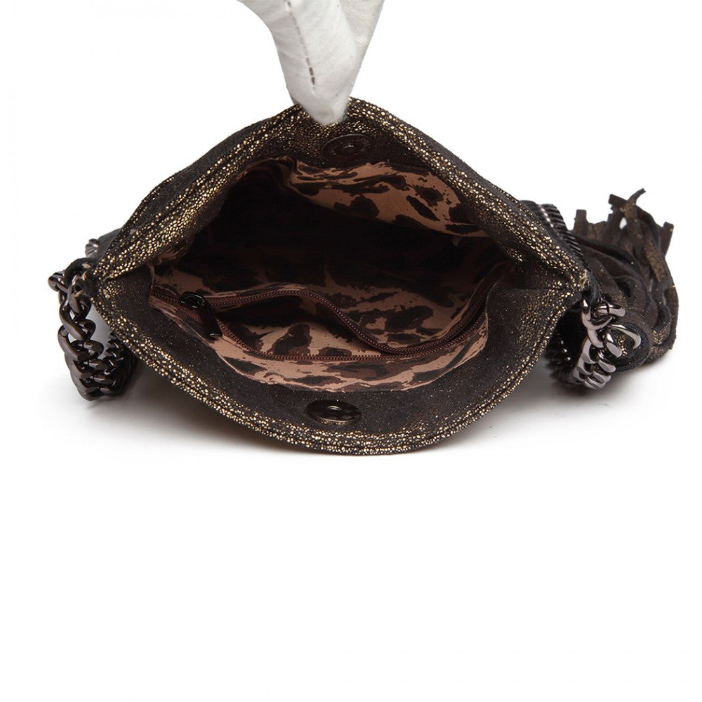 E6845 - MISS LULU LEATHER LOOK CHAIN SHOULDER BAG WITH TASSEL PENDANT - GOLD - The Baggage Shop