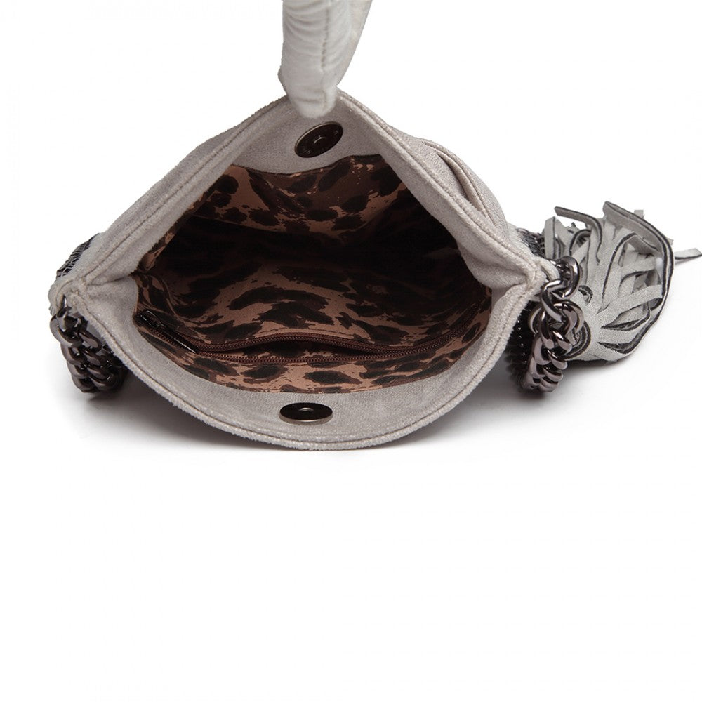 E6845 - MISS LULU LEATHER LOOK CHAIN SHOULDER BAG WITH TASSEL PENDANT - GREY - The Baggage Shop