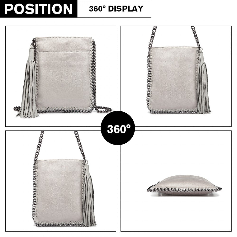 E6845 - MISS LULU LEATHER LOOK CHAIN SHOULDER BAG WITH TASSEL PENDANT - GREY - The Baggage Shop