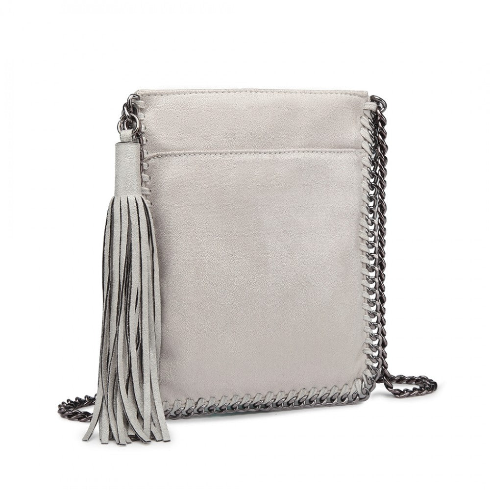E6845 - MISS LULU LEATHER LOOK CHAIN SHOULDER BAG WITH TASSEL PENDANT - GREY - The Baggage Shop