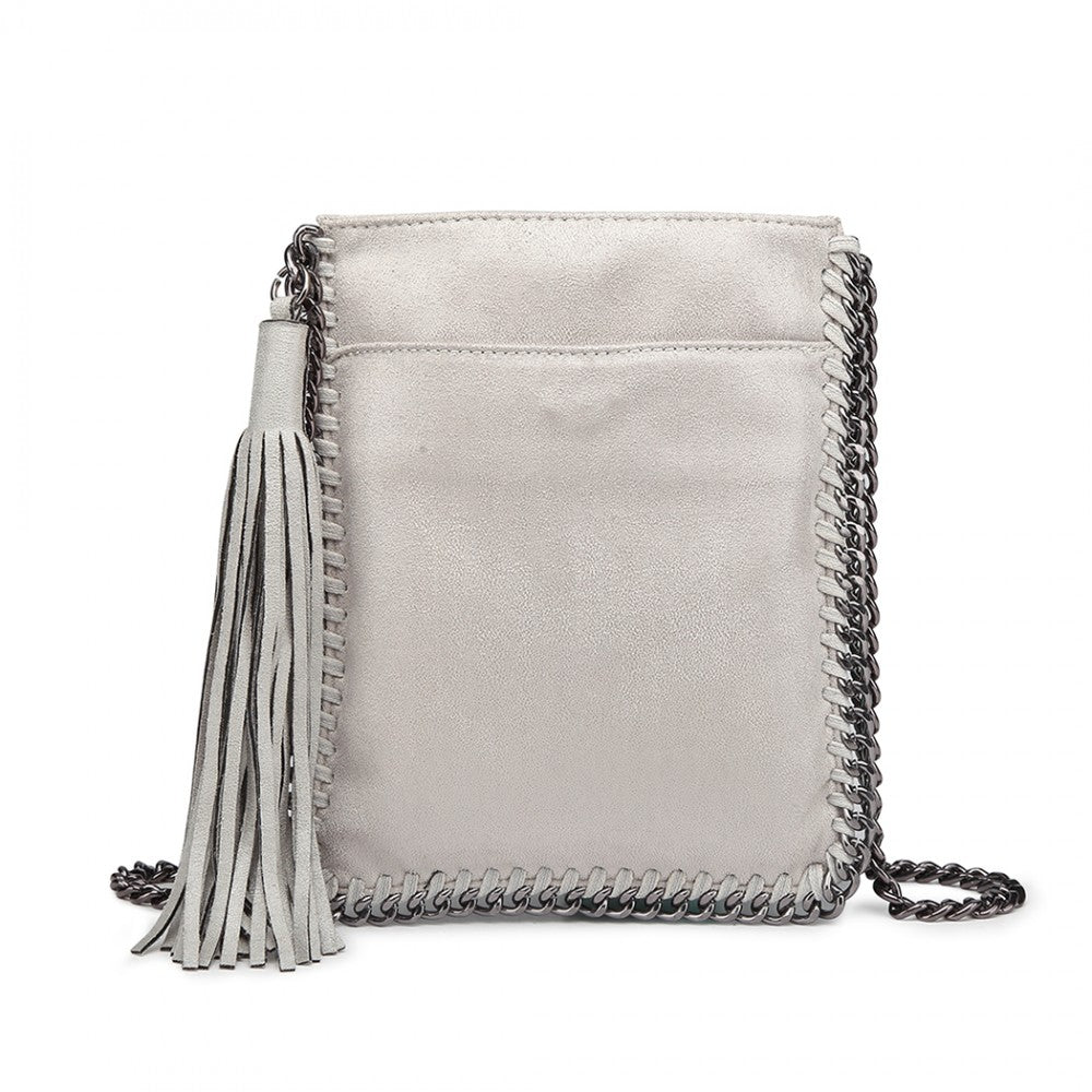 E6845 - MISS LULU LEATHER LOOK CHAIN SHOULDER BAG WITH TASSEL PENDANT - GREY - The Baggage Shop