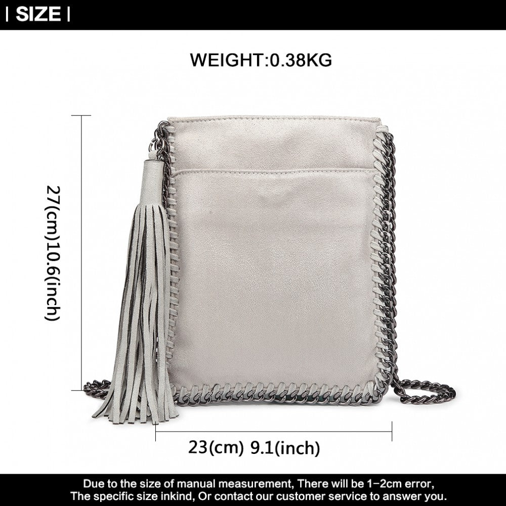 E6845 - MISS LULU LEATHER LOOK CHAIN SHOULDER BAG WITH TASSEL PENDANT - GREY - The Baggage Shop