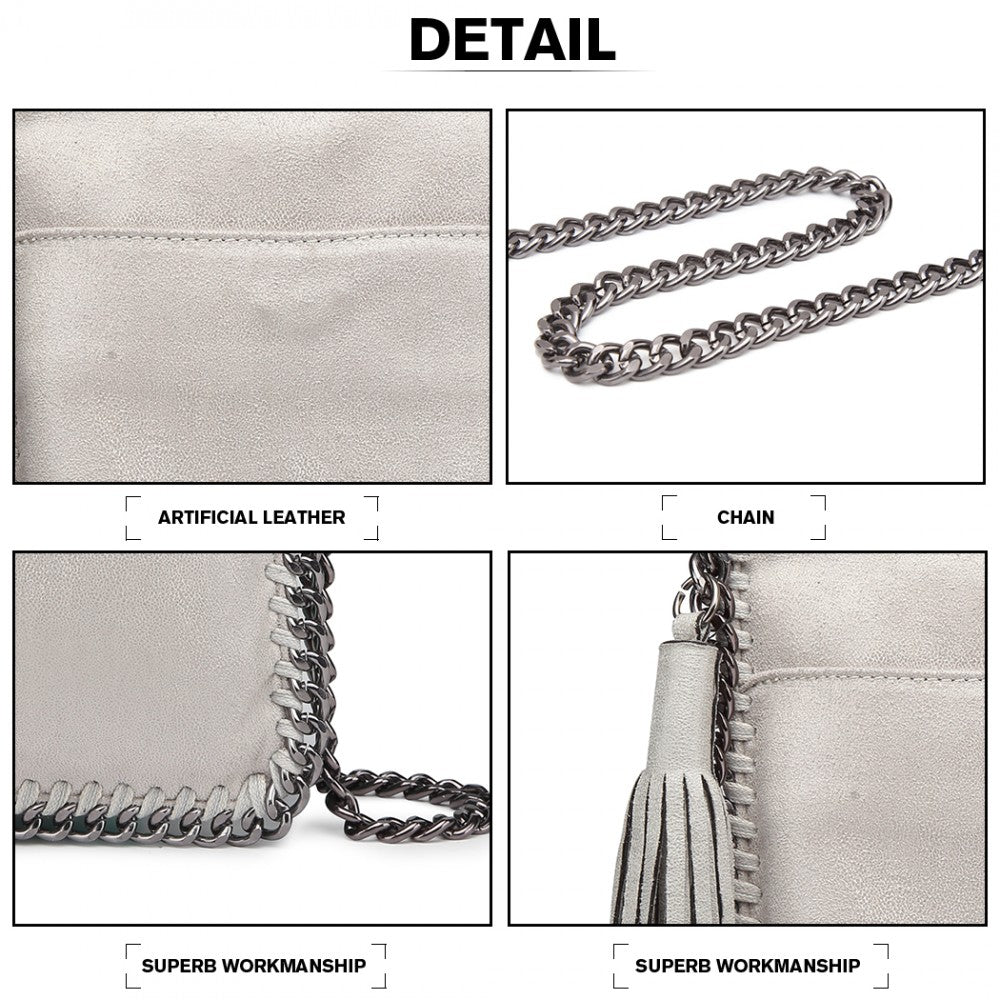 E6845 - MISS LULU LEATHER LOOK CHAIN SHOULDER BAG WITH TASSEL PENDANT - GREY - The Baggage Shop