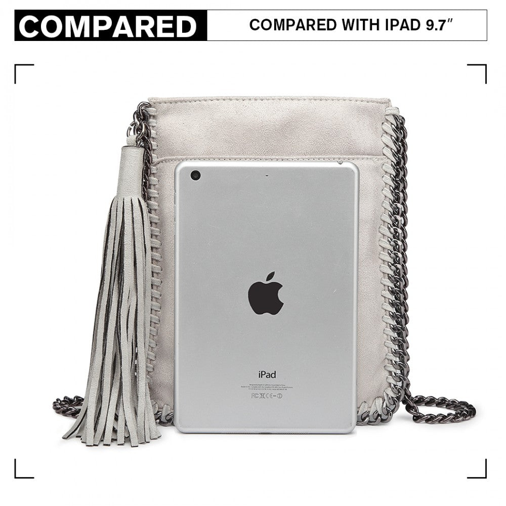 E6845 - MISS LULU LEATHER LOOK CHAIN SHOULDER BAG WITH TASSEL PENDANT - GREY - The Baggage Shop