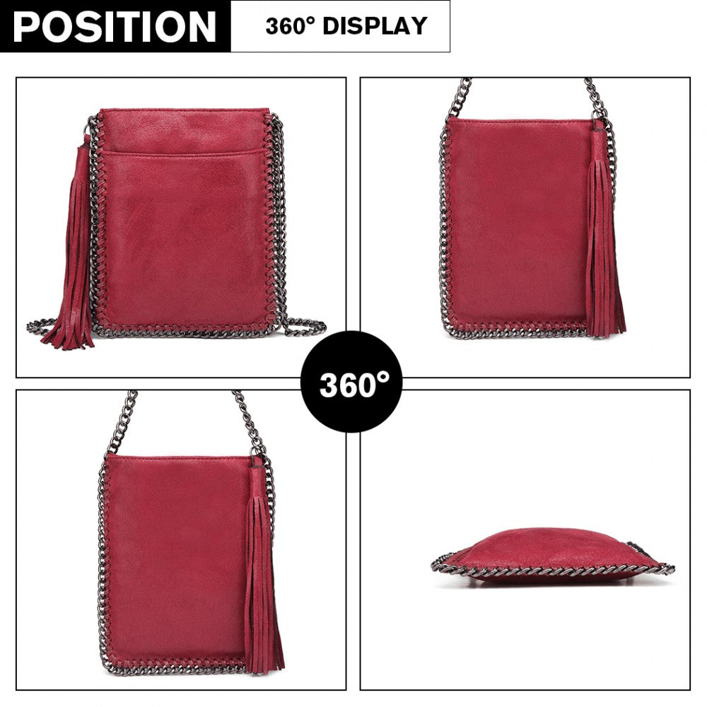 E6845 - MISS LULU LEATHER LOOK CHAIN SHOULDER BAG WITH TASSEL PENDANT - RED - The Baggage Shop