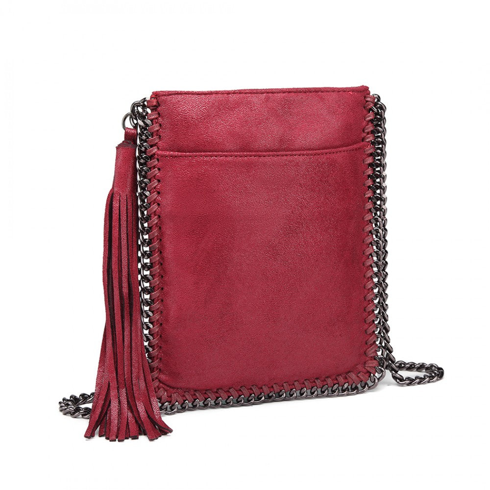 E6845 - MISS LULU LEATHER LOOK CHAIN SHOULDER BAG WITH TASSEL PENDANT - RED - The Baggage Shop