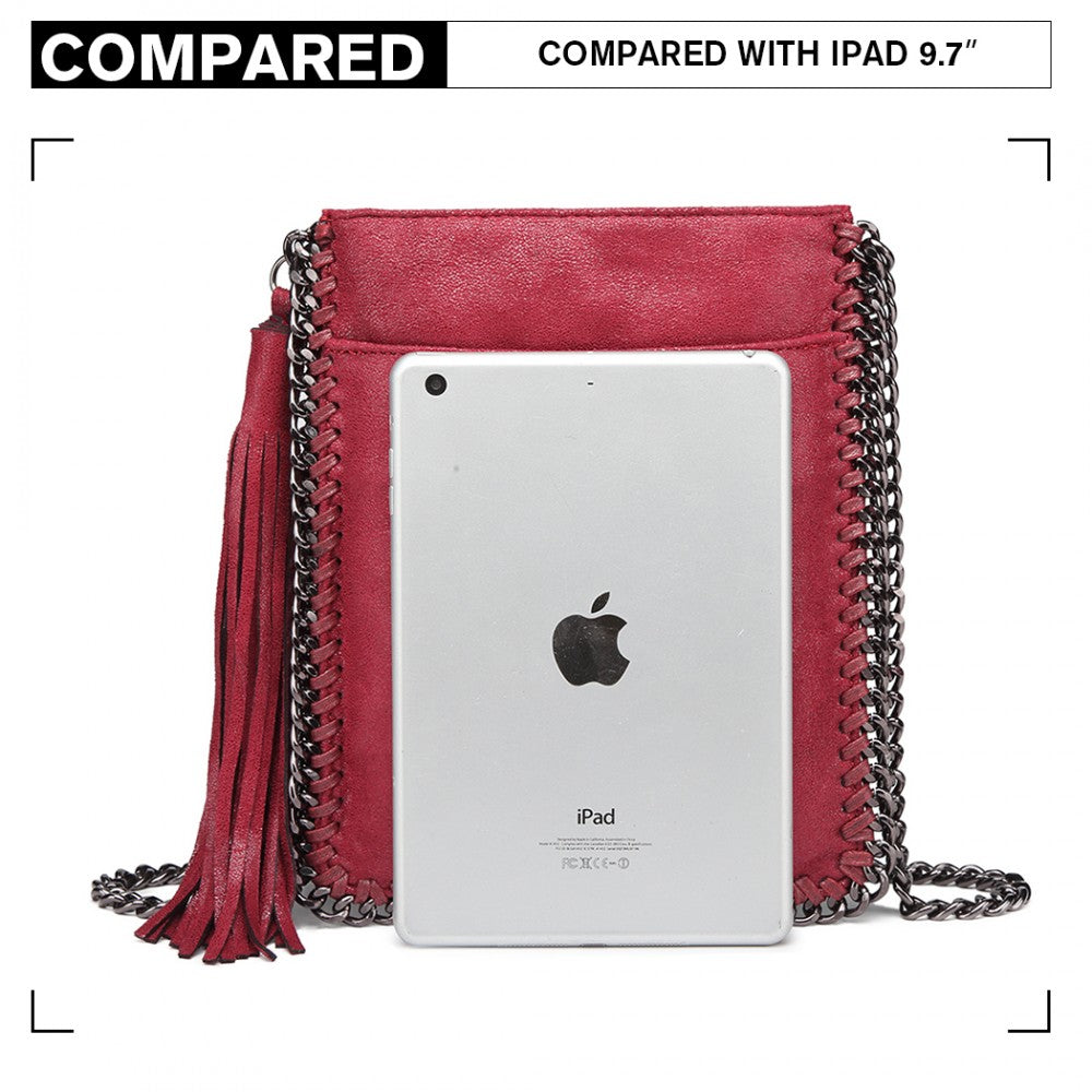 E6845 - MISS LULU LEATHER LOOK CHAIN SHOULDER BAG WITH TASSEL PENDANT - RED - The Baggage Shop