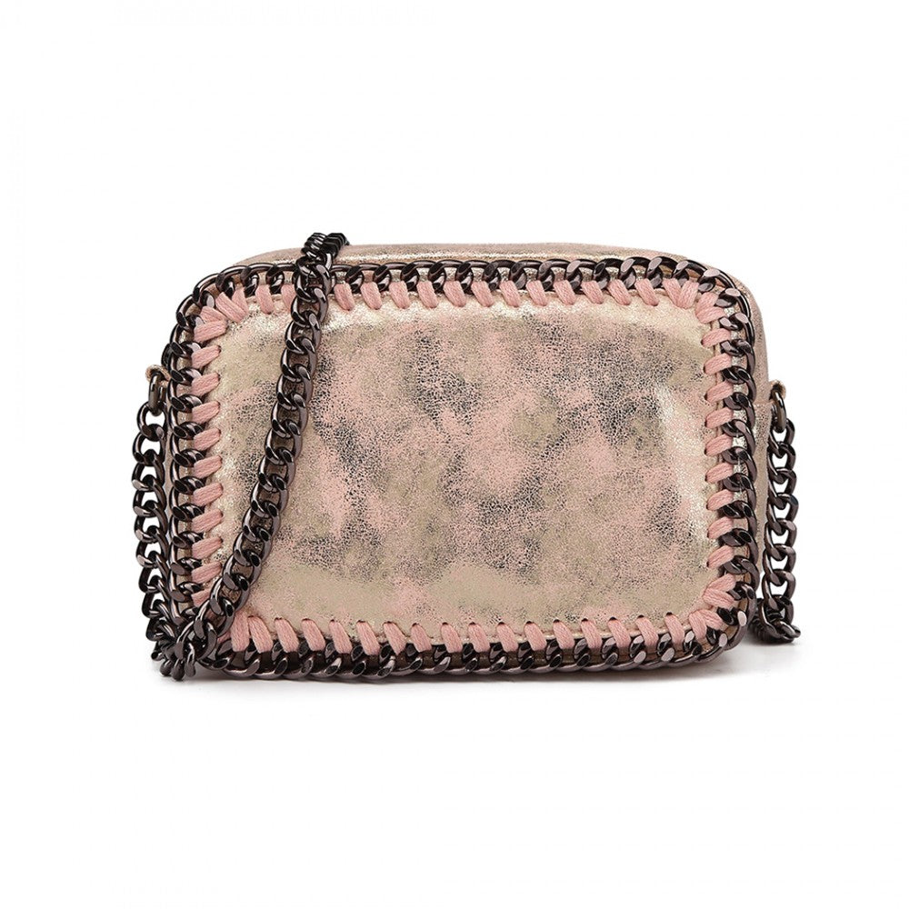 E6846 - MISS LULU METALLIC EFFECT LEATHER LOOK CHAIN SHOULDER BAG - PINK - The Baggage Shop