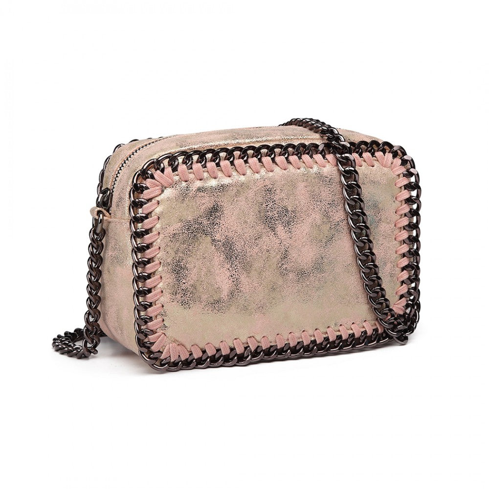 E6846 - MISS LULU METALLIC EFFECT LEATHER LOOK CHAIN SHOULDER BAG - PINK - The Baggage Shop