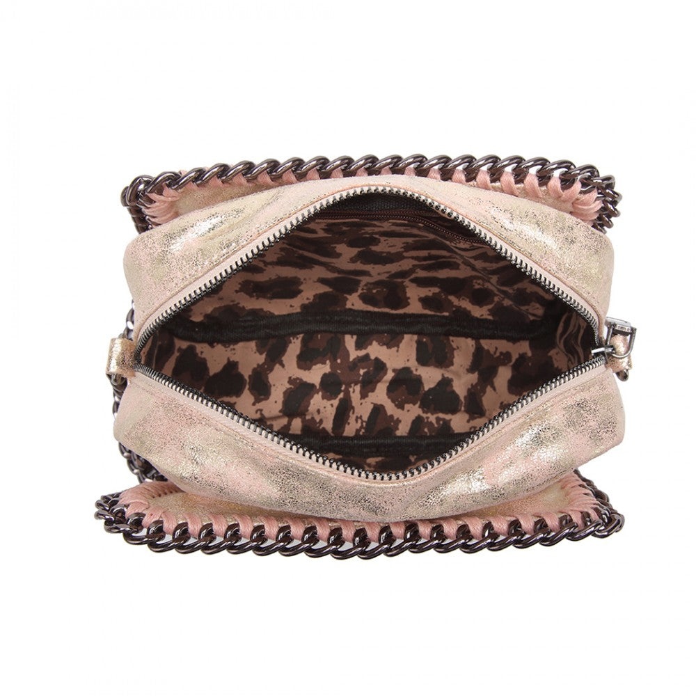 E6846 - MISS LULU METALLIC EFFECT LEATHER LOOK CHAIN SHOULDER BAG - PINK - The Baggage Shop