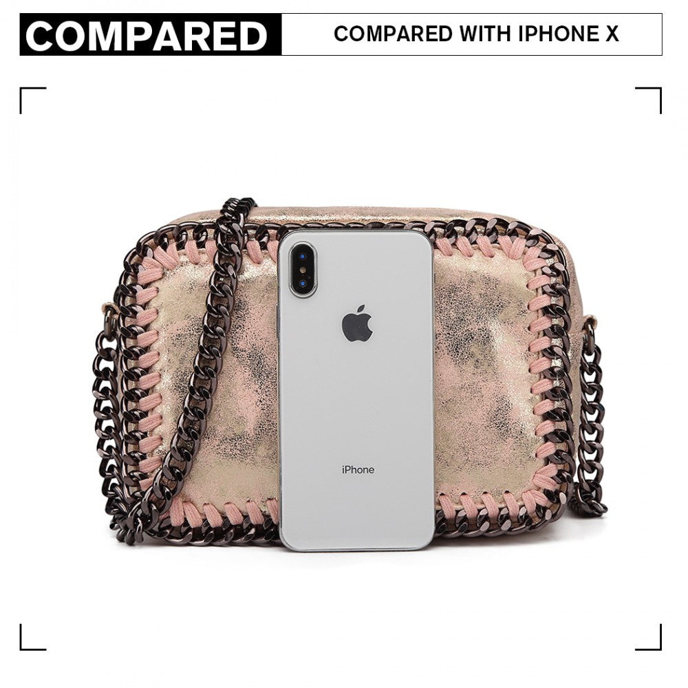 E6846 - MISS LULU METALLIC EFFECT LEATHER LOOK CHAIN SHOULDER BAG - PINK - The Baggage Shop