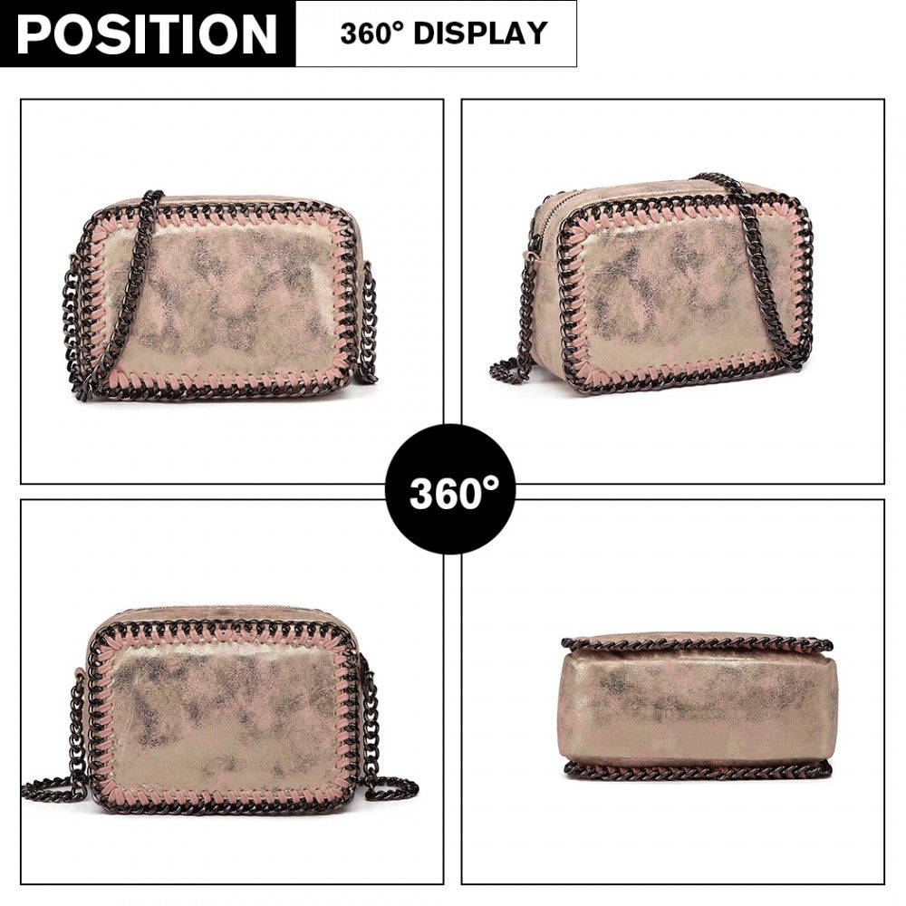 E6846 - MISS LULU METALLIC EFFECT LEATHER LOOK CHAIN SHOULDER BAG - PINK - The Baggage Shop