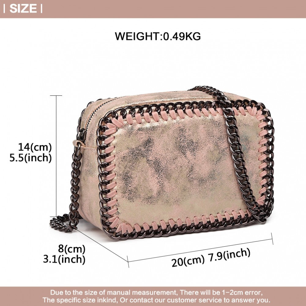 E6846 - MISS LULU METALLIC EFFECT LEATHER LOOK CHAIN SHOULDER BAG - PINK - The Baggage Shop