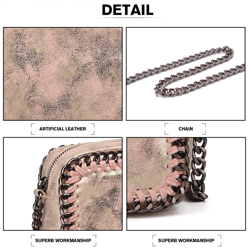 E6846 - MISS LULU METALLIC EFFECT LEATHER LOOK CHAIN SHOULDER BAG - PINK - The Baggage Shop
