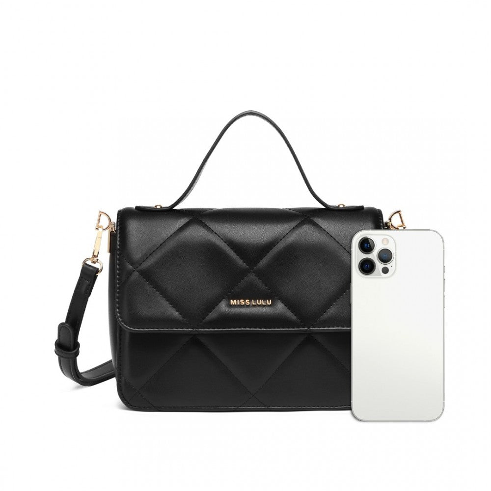 LT2201 - MISS LULU DIAMOND QUILTED LEATHER CHAIN SHOULDER BAG - BLACK - The Baggage Shop
