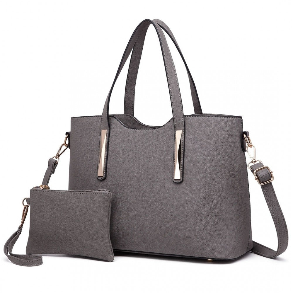 S1719 - MISS LULU PU LEATHER HANDBAG & PURSE - GREY - The Baggage Shop
