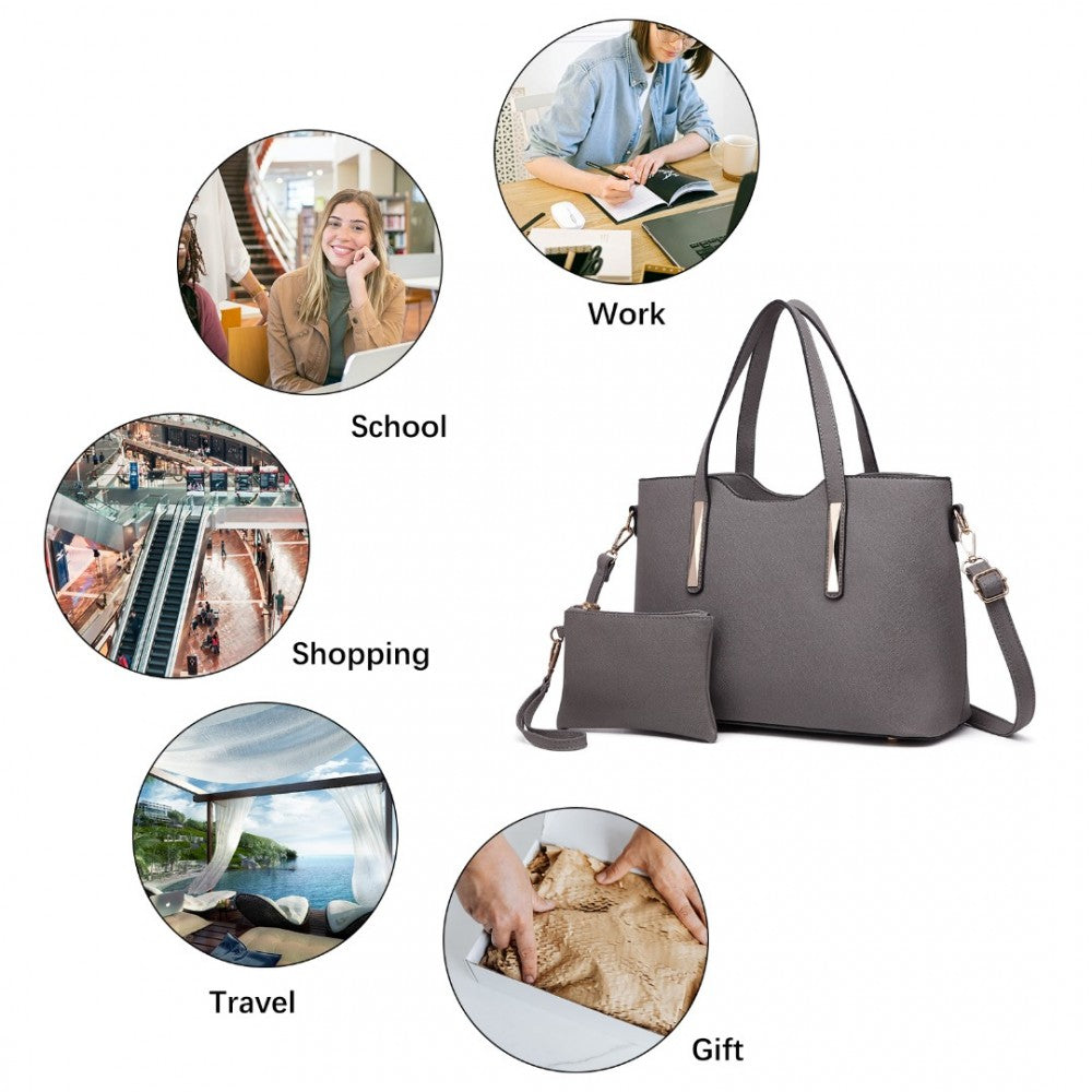 S1719 - MISS LULU PU LEATHER HANDBAG & PURSE - GREY - The Baggage Shop