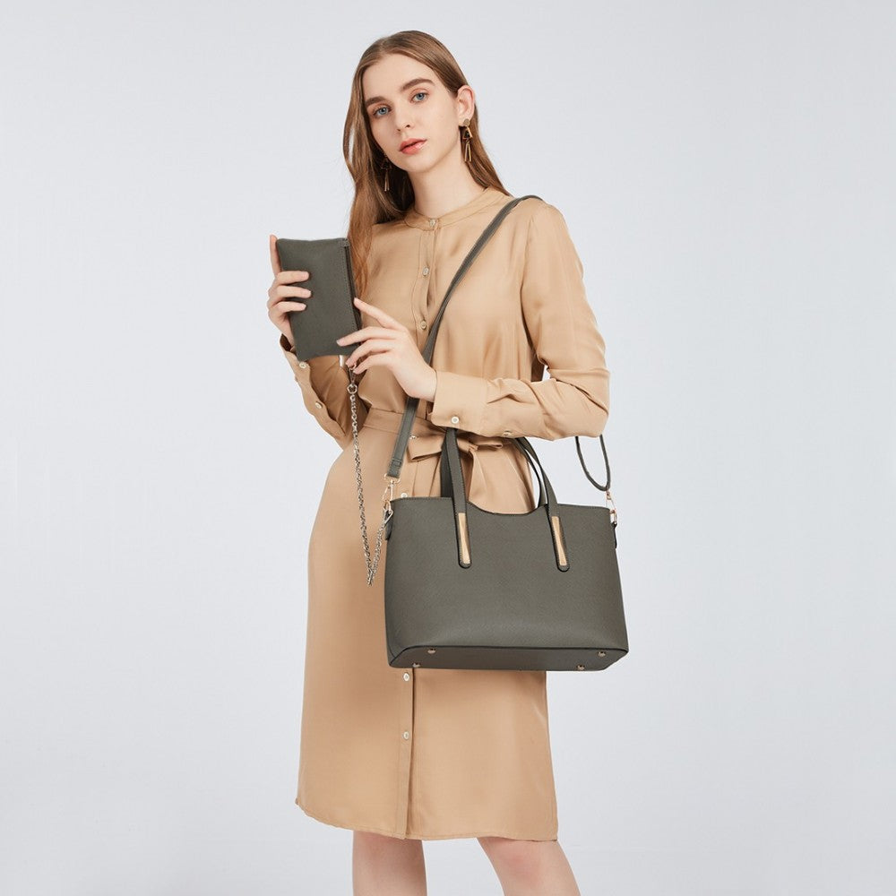 S1719 - MISS LULU PU LEATHER HANDBAG & PURSE - GREY - The Baggage Shop