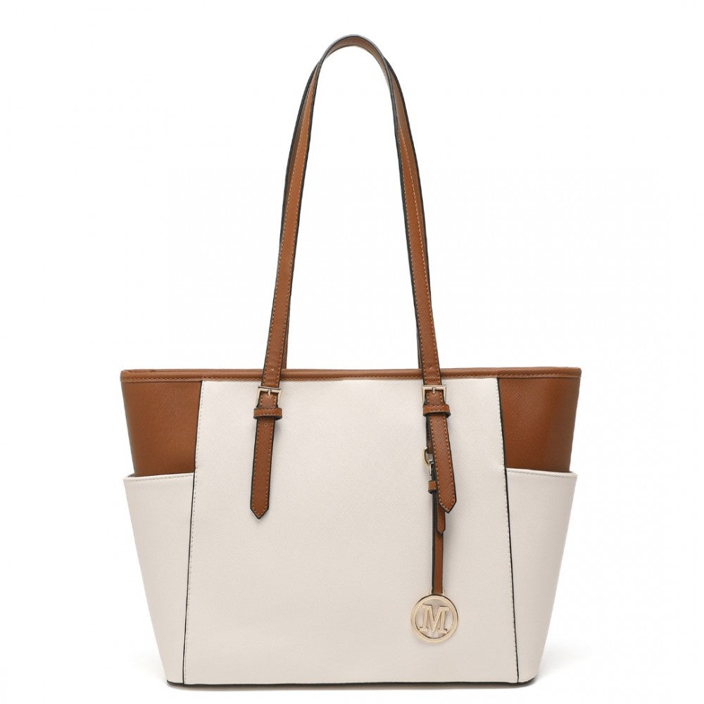 LM1642-1 - MISS LULU FAUX LEATHER ADJUSTABLE HANDLE TOTE BAG - BEIGE AND LIGHT BROWN - The Baggage Shop