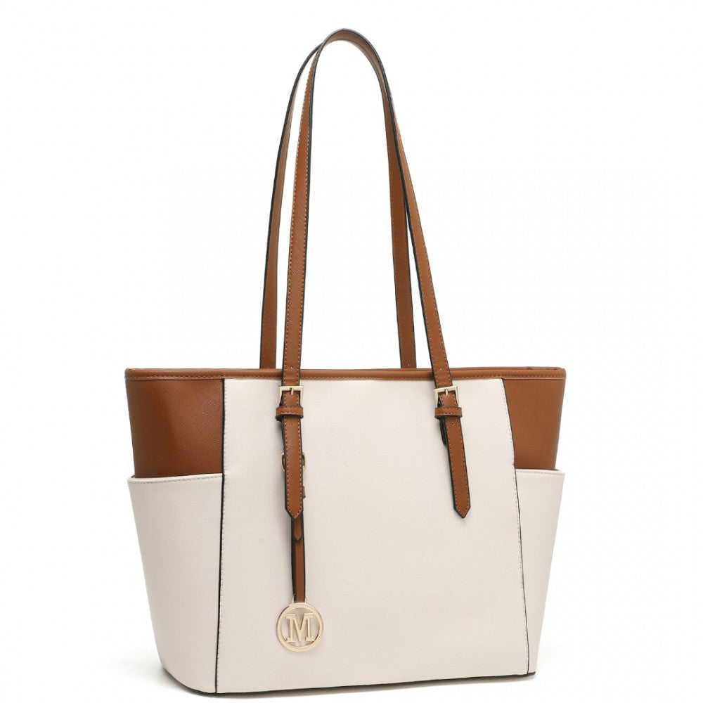 LM1642-1 - MISS LULU FAUX LEATHER ADJUSTABLE HANDLE TOTE BAG - BEIGE AND LIGHT BROWN - The Baggage Shop