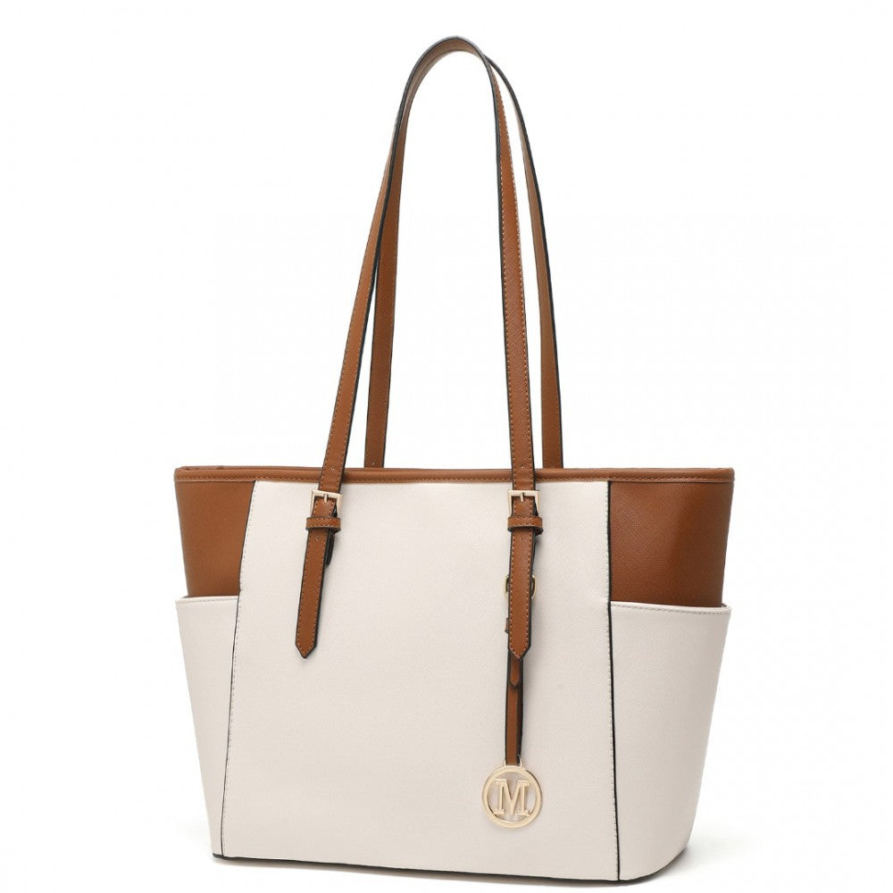LM1642-1 - MISS LULU FAUX LEATHER ADJUSTABLE HANDLE TOTE BAG - BEIGE AND LIGHT BROWN - The Baggage Shop