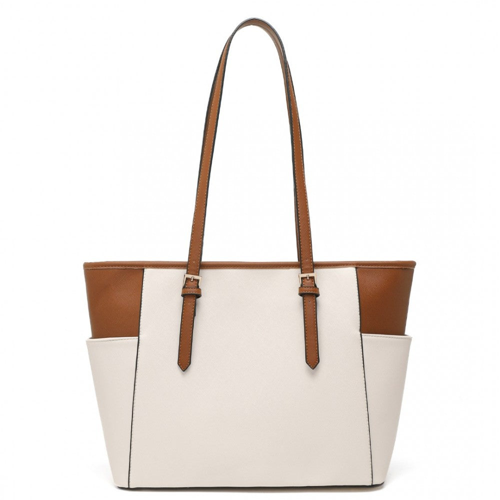 LM1642-1 - MISS LULU FAUX LEATHER ADJUSTABLE HANDLE TOTE BAG - BEIGE AND LIGHT BROWN - The Baggage Shop