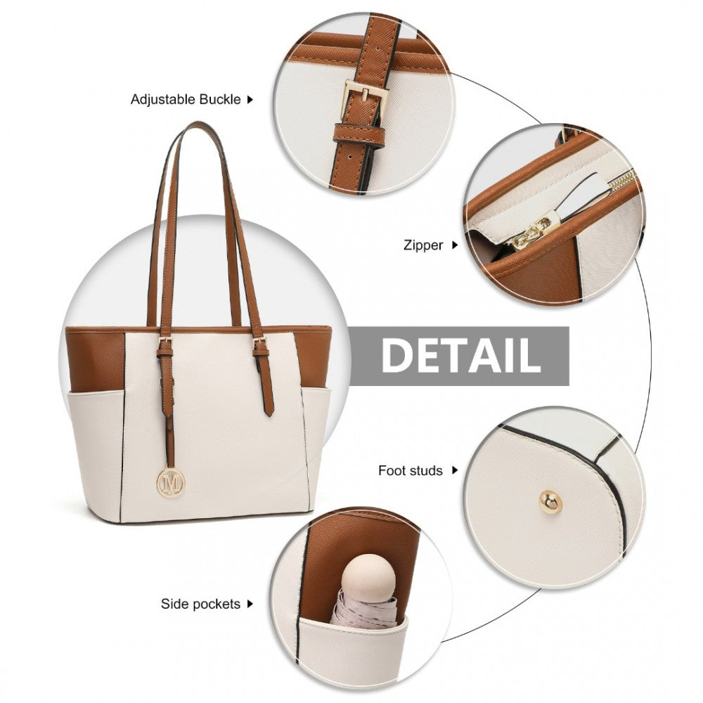 LM1642-1 - MISS LULU FAUX LEATHER ADJUSTABLE HANDLE TOTE BAG - BEIGE AND LIGHT BROWN - The Baggage Shop