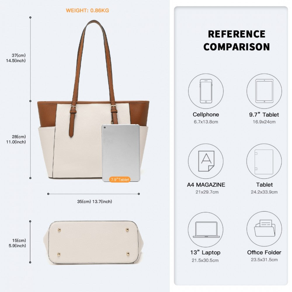 LM1642-1 - MISS LULU FAUX LEATHER ADJUSTABLE HANDLE TOTE BAG - BEIGE AND LIGHT BROWN - The Baggage Shop