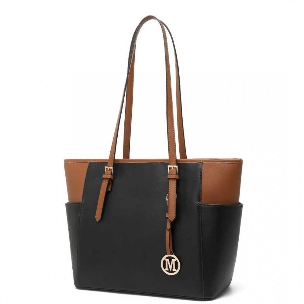 LM1642-1 - MISS LULU FAUX LEATHER ADJUSTABLE HANDLE TOTE BAG - BLACK AND BROWN - The Baggage Shop