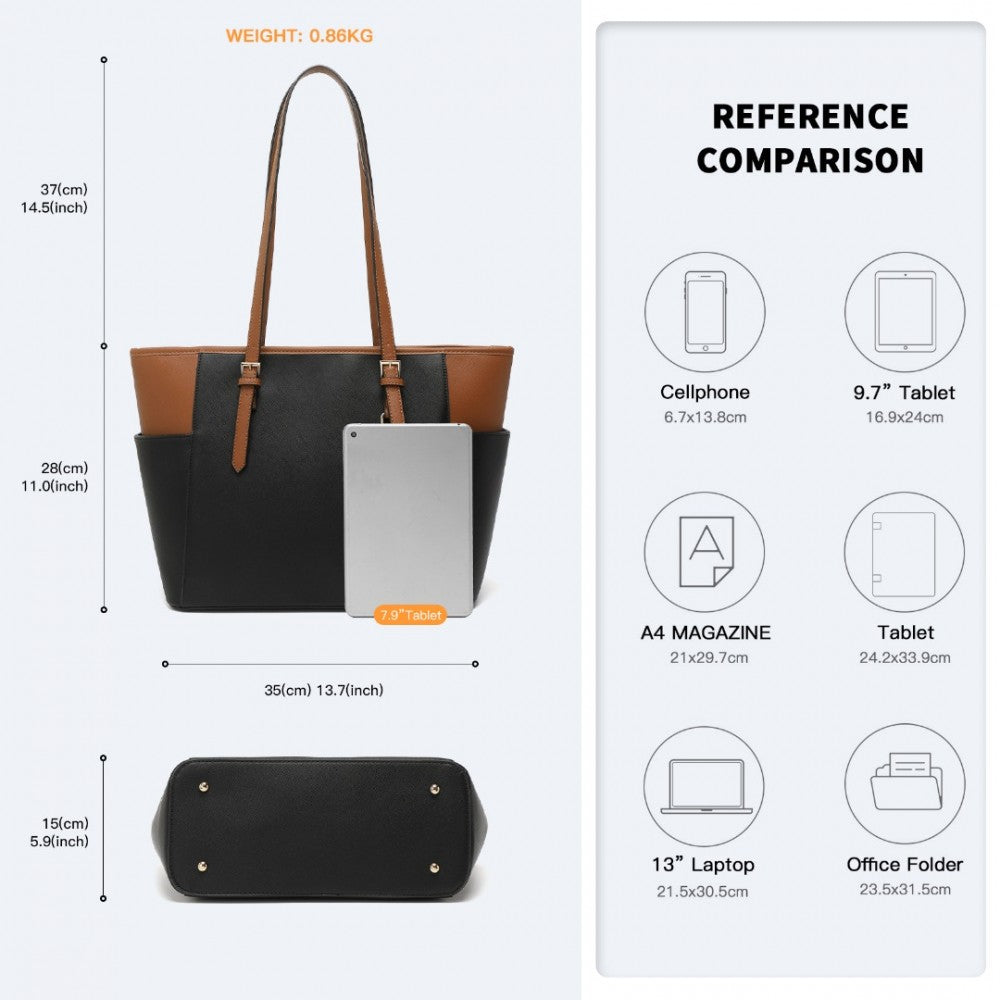 LM1642-1 - MISS LULU FAUX LEATHER ADJUSTABLE HANDLE TOTE BAG - BLACK AND BROWN - The Baggage Shop