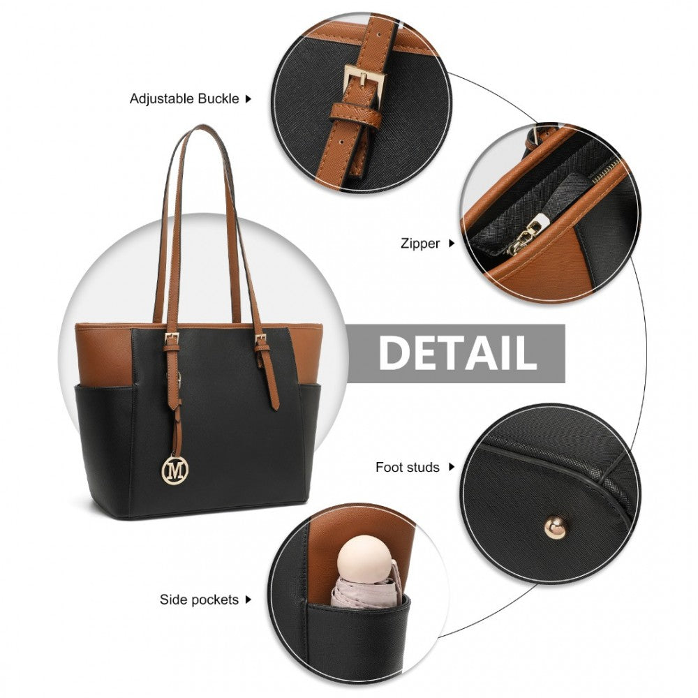 LM1642-1 - MISS LULU FAUX LEATHER ADJUSTABLE HANDLE TOTE BAG - BLACK AND BROWN - The Baggage Shop