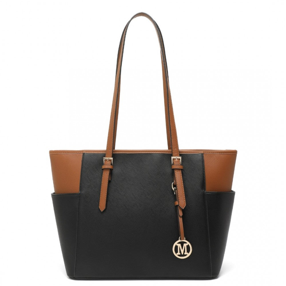 LM1642-1 - MISS LULU FAUX LEATHER ADJUSTABLE HANDLE TOTE BAG - BLACK AND BROWN - The Baggage Shop