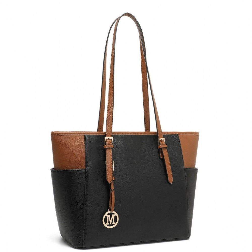 LM1642-1 - MISS LULU FAUX LEATHER ADJUSTABLE HANDLE TOTE BAG - BLACK AND BROWN - The Baggage Shop